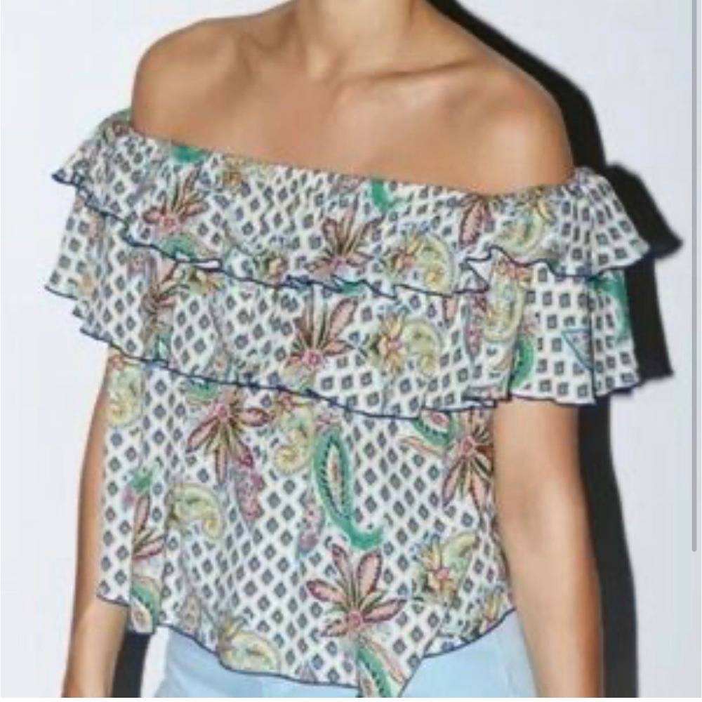 Zara Womens XL Paisley Ruffle Off The‎ Shoulder Blouse White Green Boho Top